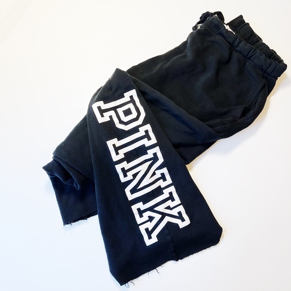 PINK Victoria's Secret Pants - VICTORIA SECRET PINK BLACK LOGO FLARE FRAYED FULL LENGTH SWEATPANTS PJS SIZE MED